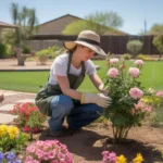 Gardener pruning rose bush in sunny spring garden bed with flowers