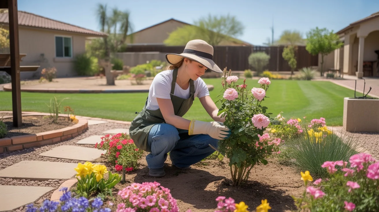 Gardener pruning rose bush in sunny spring garden bed with flowers