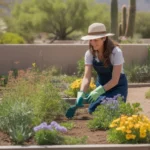 Woman tending to a colorful spring garden in Mesa, Arizona