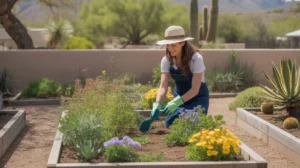 Woman tending to a colorful spring garden in Mesa, Arizona