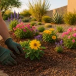 Hands planting flowers in a lush spring garden bed in Queen Creek, Arizona