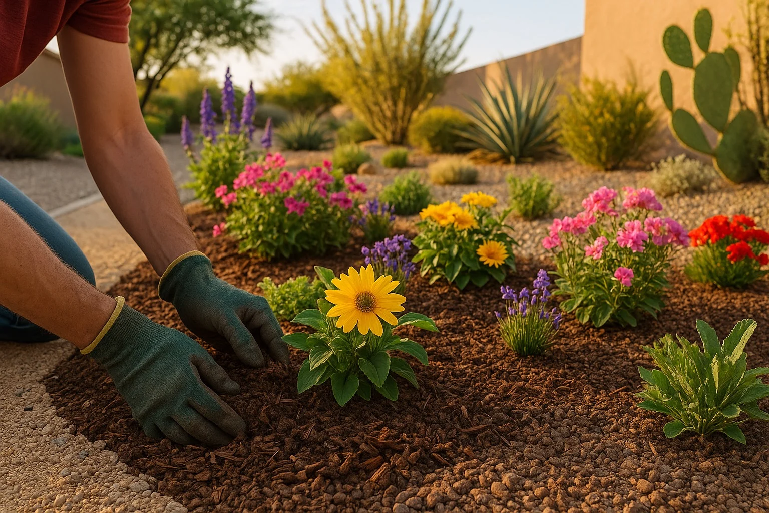 Hands planting flowers in a lush spring garden bed in Queen Creek, Arizona