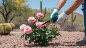 Hands pruning a rose bush in a Southeast Valley garden in spring