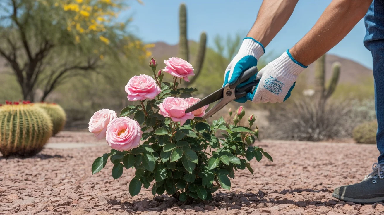 Hands pruning a rose bush in a Southeast Valley garden in spring