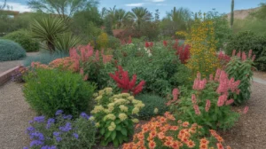 A lush, colorful spring garden in the Southeast Valley with blooming flowers and healthy plants.