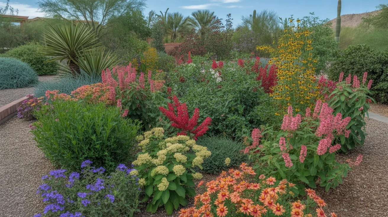 A lush, colorful spring garden in the Southeast Valley with blooming flowers and healthy plants.