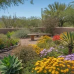 Colorful spring garden with blooming flowers and desert plants in Chandler, Arizona