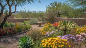 Colorful spring garden with blooming flowers and desert plants in Chandler, Arizona