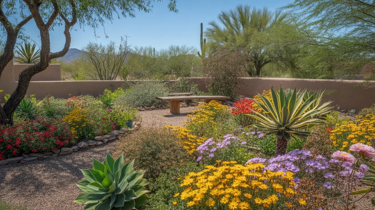 Colorful spring garden with blooming flowers and desert plants in Chandler, Arizona