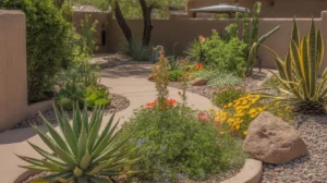 A vibrant spring garden in Chandler, Arizona with blooming desert plants and a gravel path.