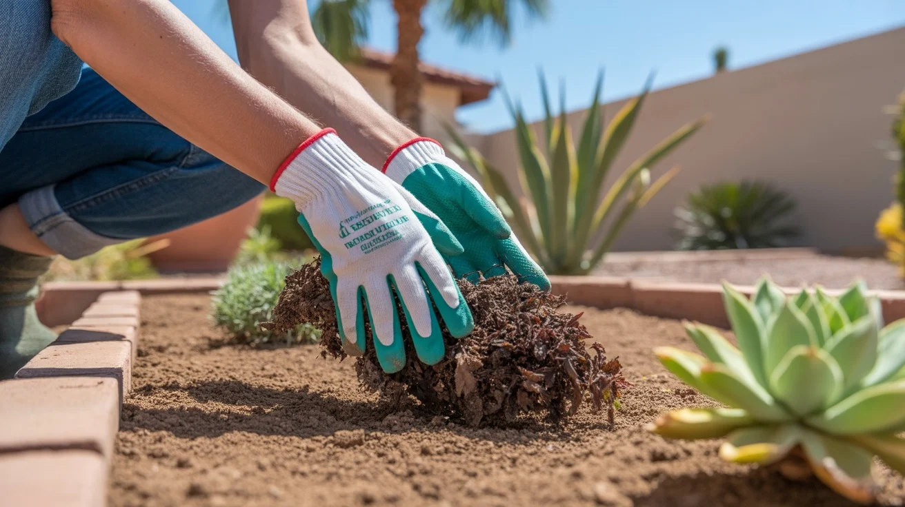 Hands in gloves cleaning up garden debris in a Chandler backyard in spring