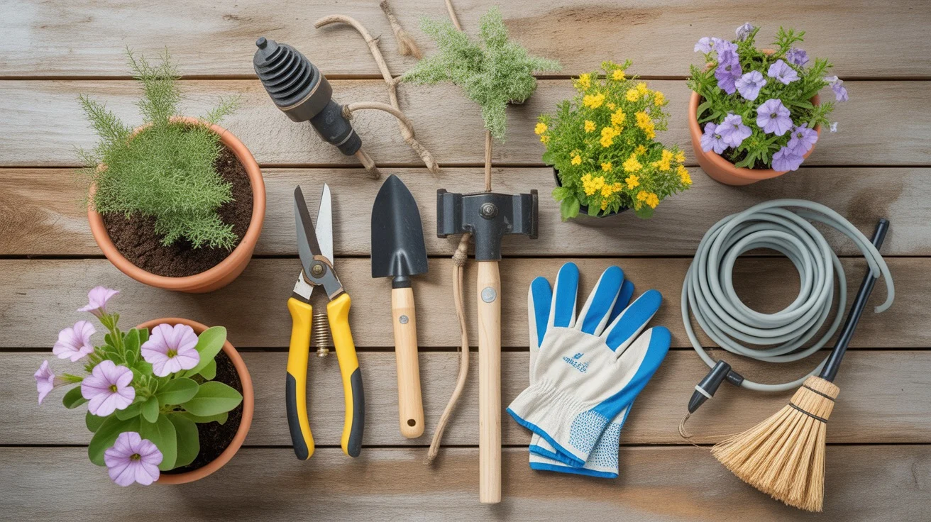 Spring garden cleanup checklist for Gilbert yards with pruning shears, gloves, and potted flowers