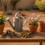 Gardening tools and flowers on a wood table, ready for spring garden cleanup in Gilbert, AZ