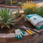 Gardening gloves, pruning shears, and mulch in a Gilbert backyard garden bed