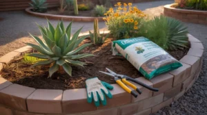 Gardening gloves, pruning shears, and mulch in a Gilbert backyard garden bed