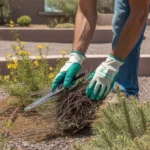 Hands wearing gloves cleaning up a spring garden bed in Gilbert