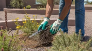 Hands wearing gloves cleaning up a spring garden bed in Gilbert