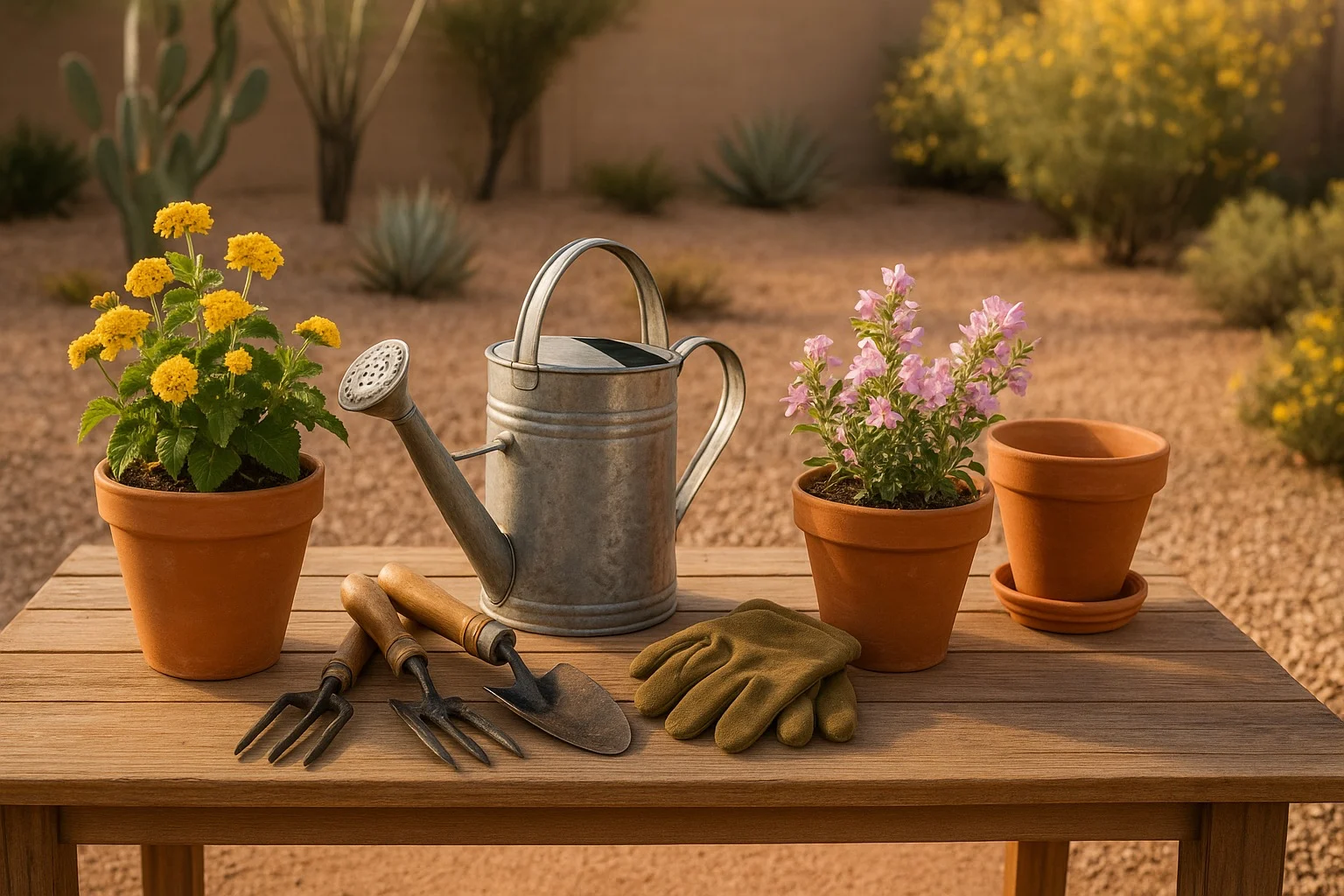 Gardening tools and flowers on a wood table, ready for spring garden cleanup in Gilbert, AZ