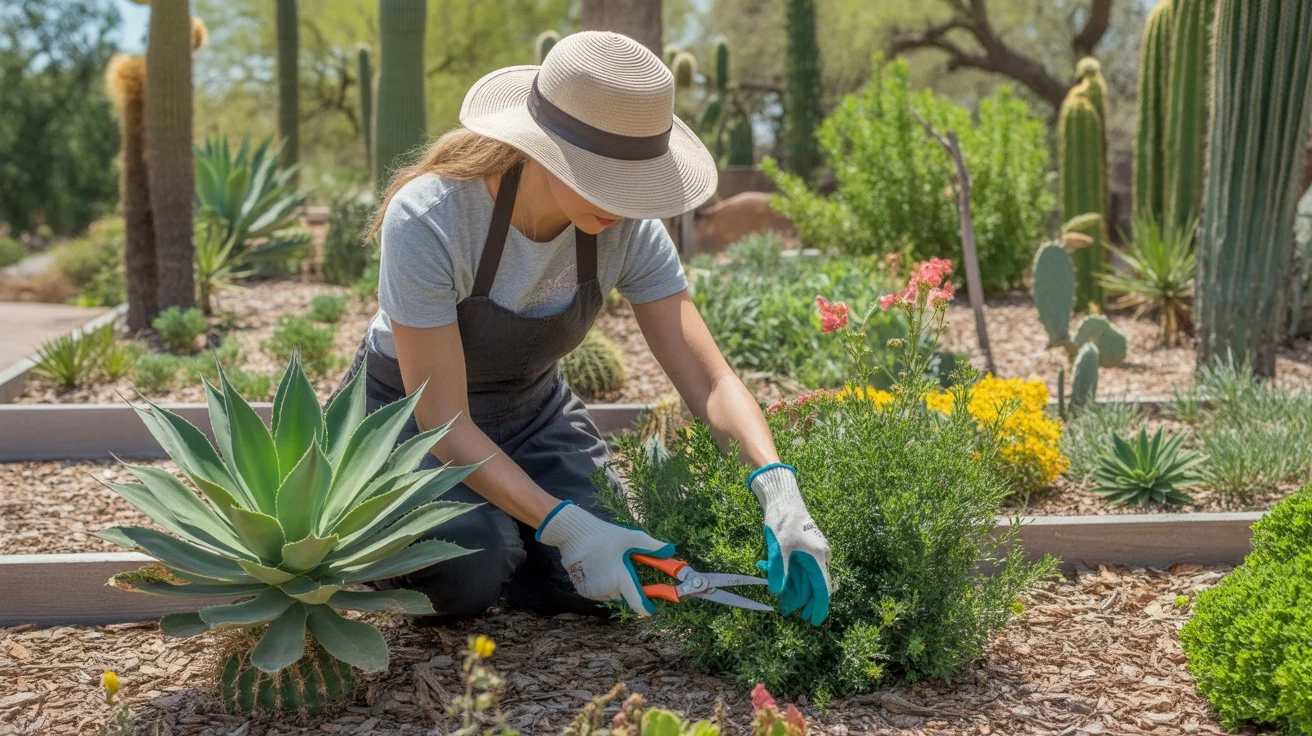 Woman pruning plants in a spring garden in Mesa, Arizona