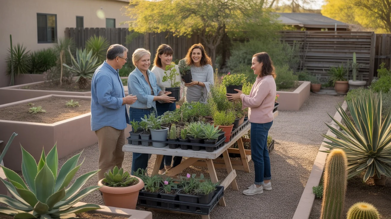 Neighbors exchanging plants at a spring garden cleanup plant swap in a Southeast Valley backyard