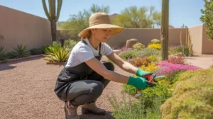 Woman pruning and cleaning up a colorful spring garden bed in the Southeast Valley