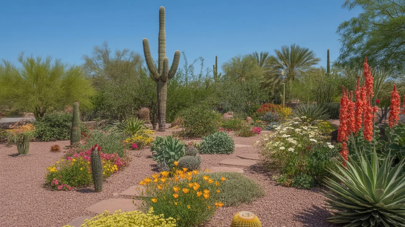 Colorful spring garden with blooming flowers and cactus in Gilbert, Arizona