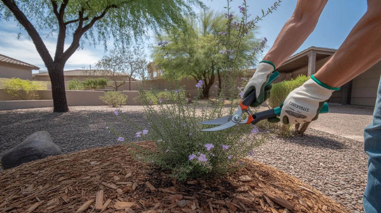 Pruning and mulching a spring garden bed in Chandler, AZ