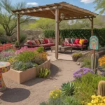 A colorful spring garden makeover in the Southeast Valley with blooming flowers, inviting seating area, and desert plants.