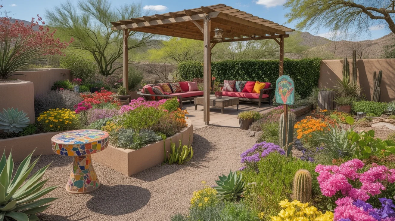 A colorful spring garden makeover in the Southeast Valley with blooming flowers, inviting seating area, and desert plants.