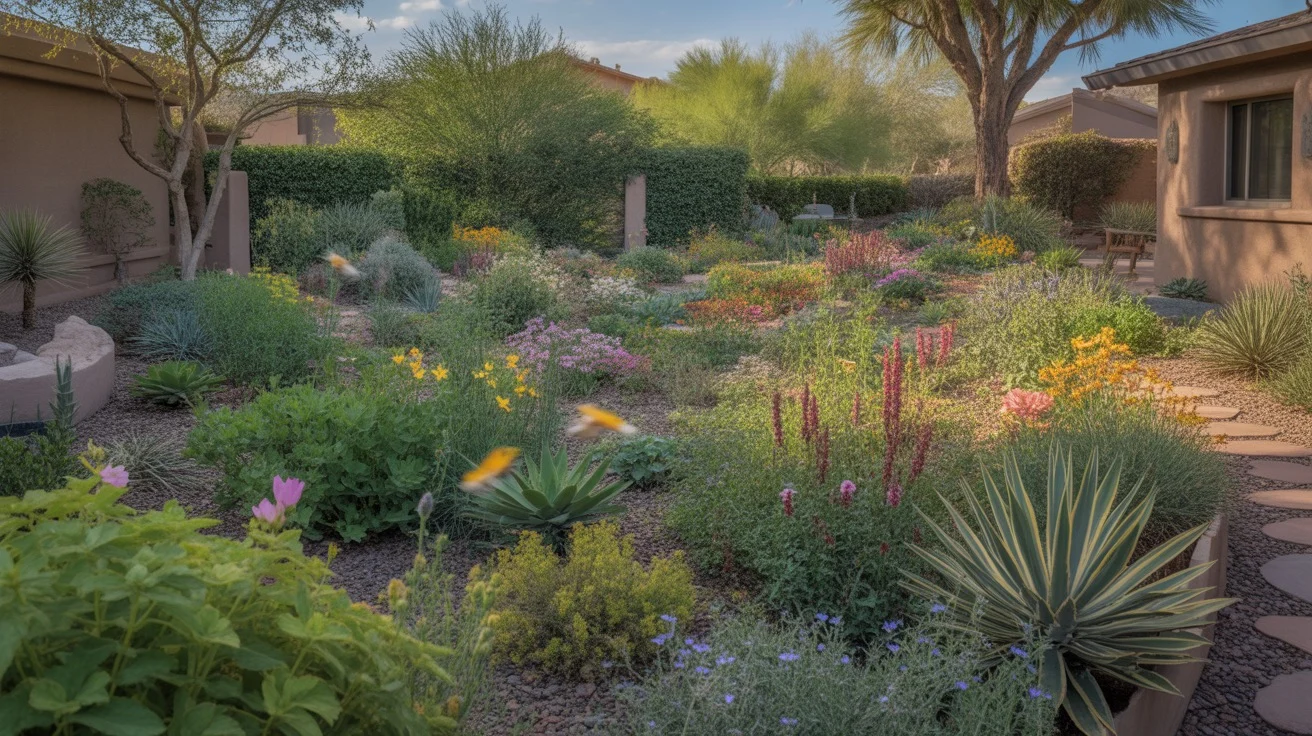 Colorful spring garden with blooming flowers and lush greenery in Mesa, Arizona
