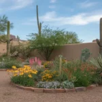 Colorful spring flowers blooming in a Mesa backyard garden bed with desert landscaping