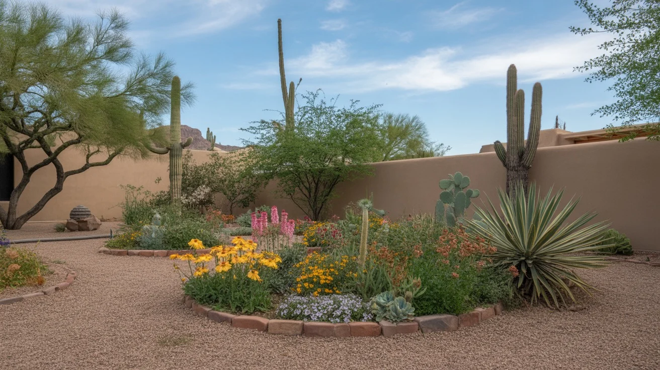 Colorful spring flowers blooming in a Mesa backyard garden bed with desert landscaping