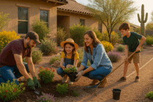 Family working together to revitalize their garden in Queen Creek.