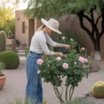 Woman pruning rose bush in a lush spring garden in Gilbert, Arizona