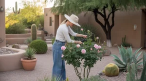 Woman pruning rose bush in a lush spring garden in Gilbert, Arizona