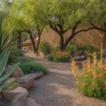 A lush spring garden in Mesa with blooming flowers and desert plants