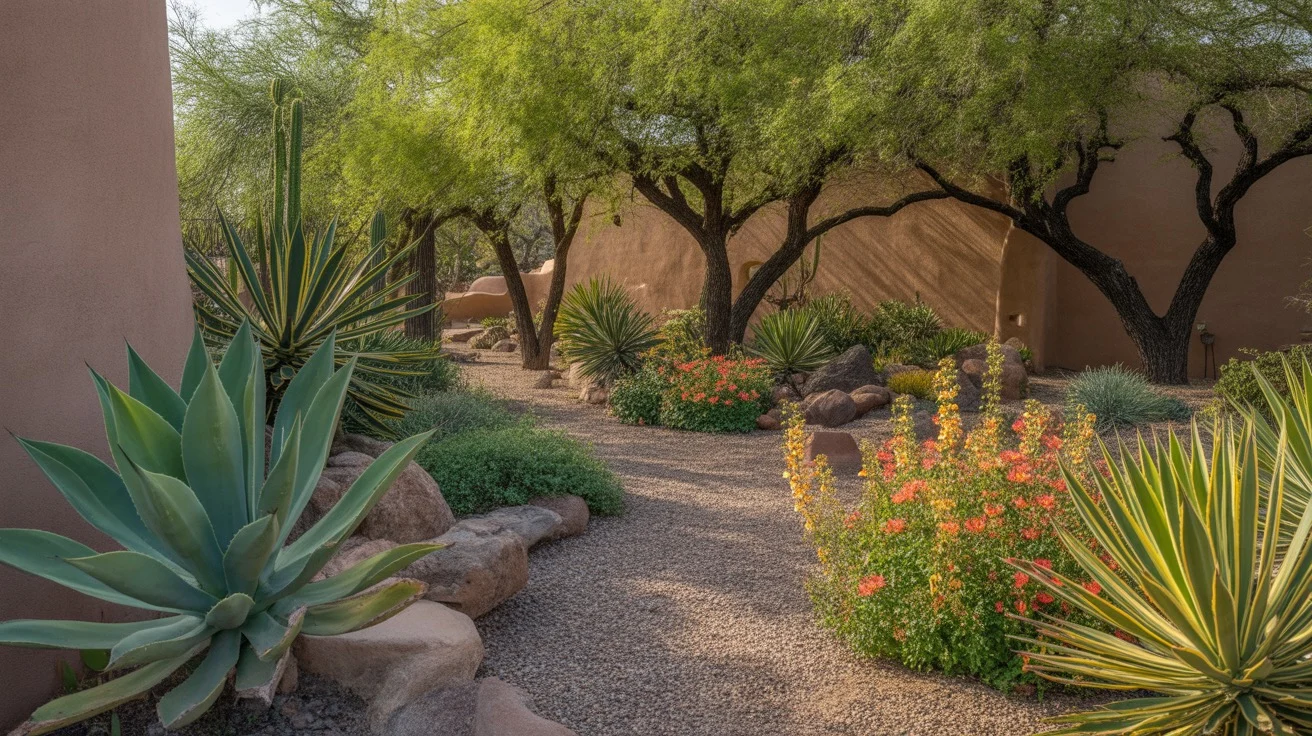 A lush spring garden in Mesa with blooming flowers and desert plants