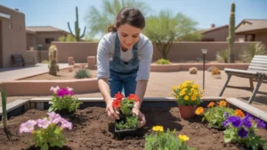 Hands planting colorful flowers in a raised garden bed in Queen Creek, Arizona in spring