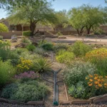 Colorful spring garden with blooming wildflowers and desert plants in Southeast Valley yard
