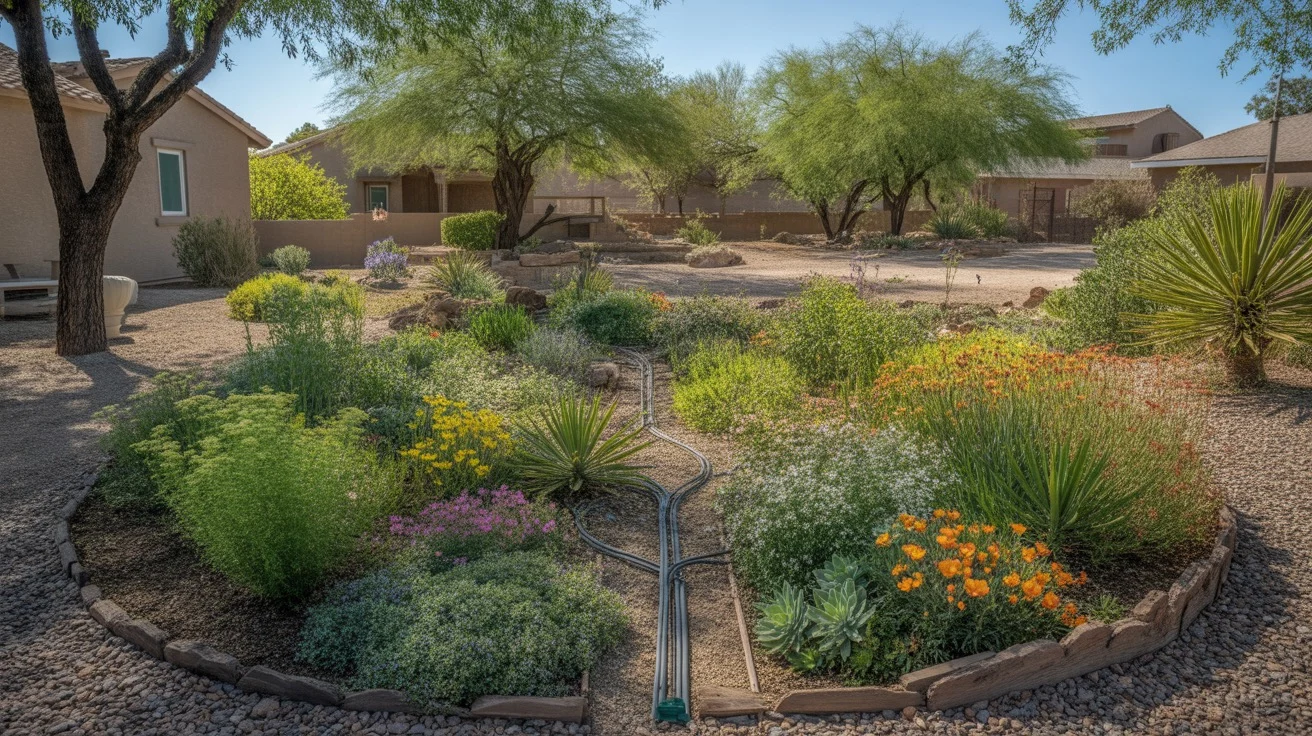 Colorful spring garden with blooming wildflowers and desert plants in Southeast Valley yard