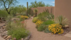 A colorful spring garden in the Southeast Valley with blooming desert plants and a stone pathway.