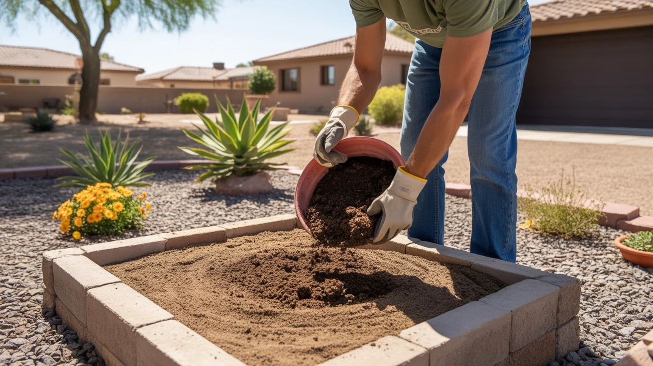 A Chandler gardener amending desert soil in a raised garden bed in spring.