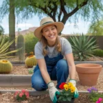 Gardener planting flowers in a Chandler backyard in spring