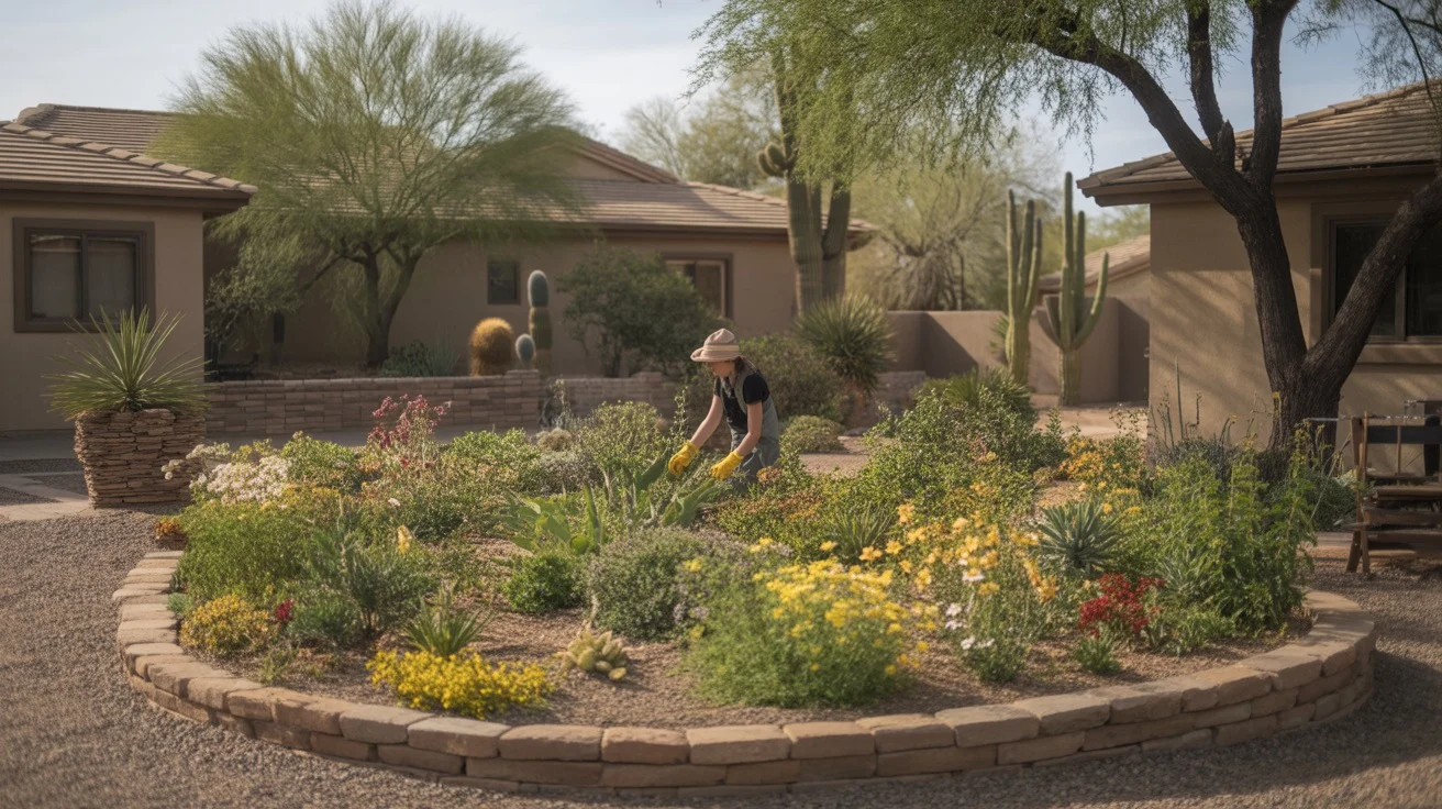 A vibrant spring garden in Chandler with colorful flowers and desert plants