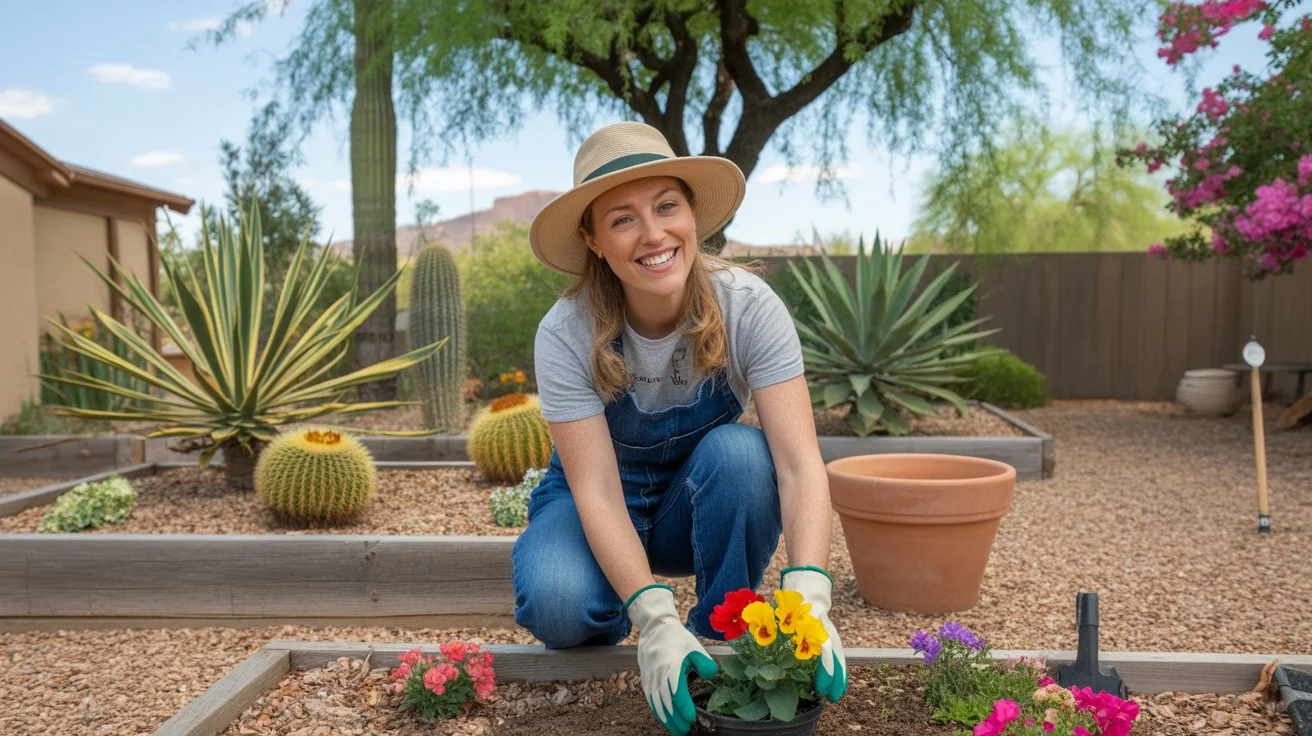 Gardener planting flowers in a Chandler backyard in spring