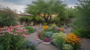 Colorful spring flowers blooming in a Gilbert, Arizona backyard garden