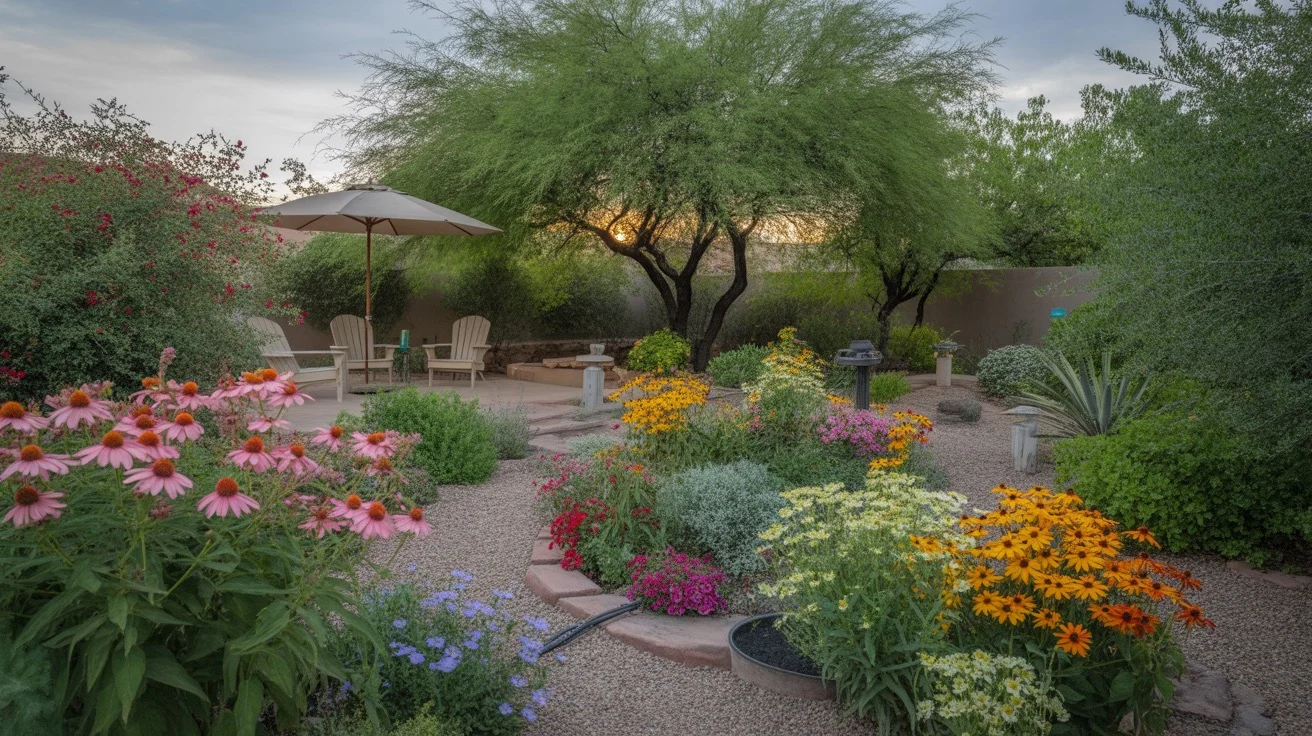 Colorful spring flowers blooming in a Gilbert, Arizona backyard garden