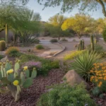 A lush desert garden in Mesa, Arizona in springtime with blooming cacti, wildflowers, and a stone pathway.