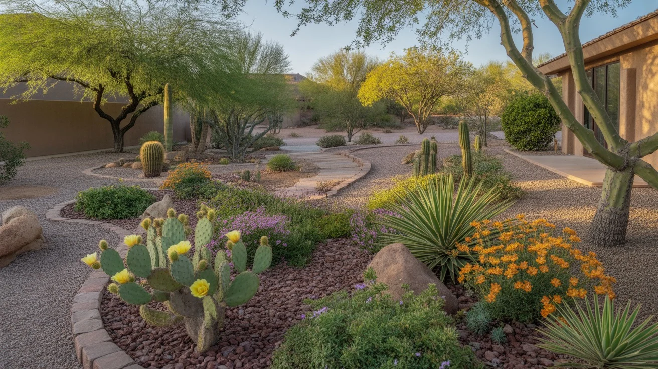 A lush desert garden in Mesa, Arizona in springtime with blooming cacti, wildflowers, and a stone pathway.