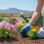 Hands planting colorful flowers in a raised garden bed with mountains in the background on a sunny spring day in Mesa, Arizona